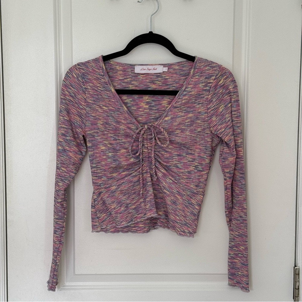 Lisa Says Gah Pink and Gray Ruched Tie Front Blouse